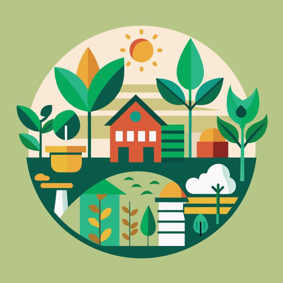 un circulo conteniendo un casa y árboles, diseño un minimalista icono para un comunidad jardín proyecto promoviendo sostenible vivo vector