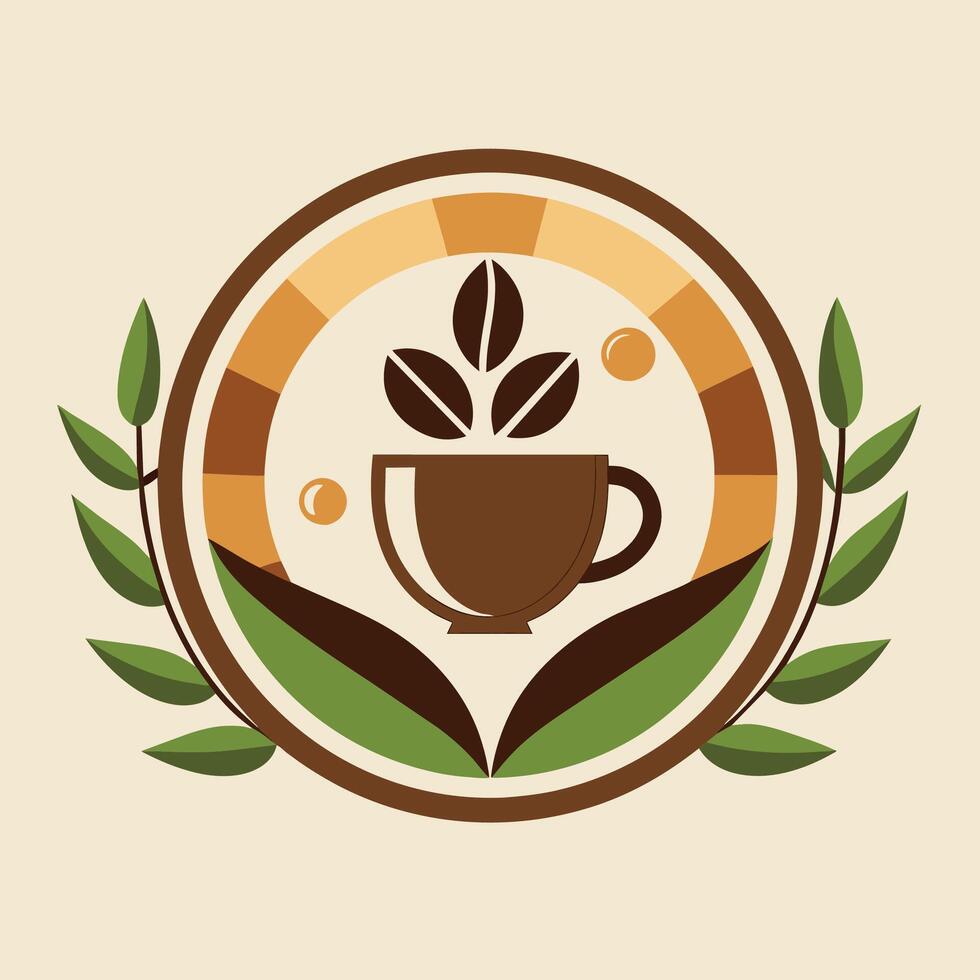 A coffee cup with leaves arranged around it, Incorporate elements of coffee cups and beans into a simple, minimalist logo vector