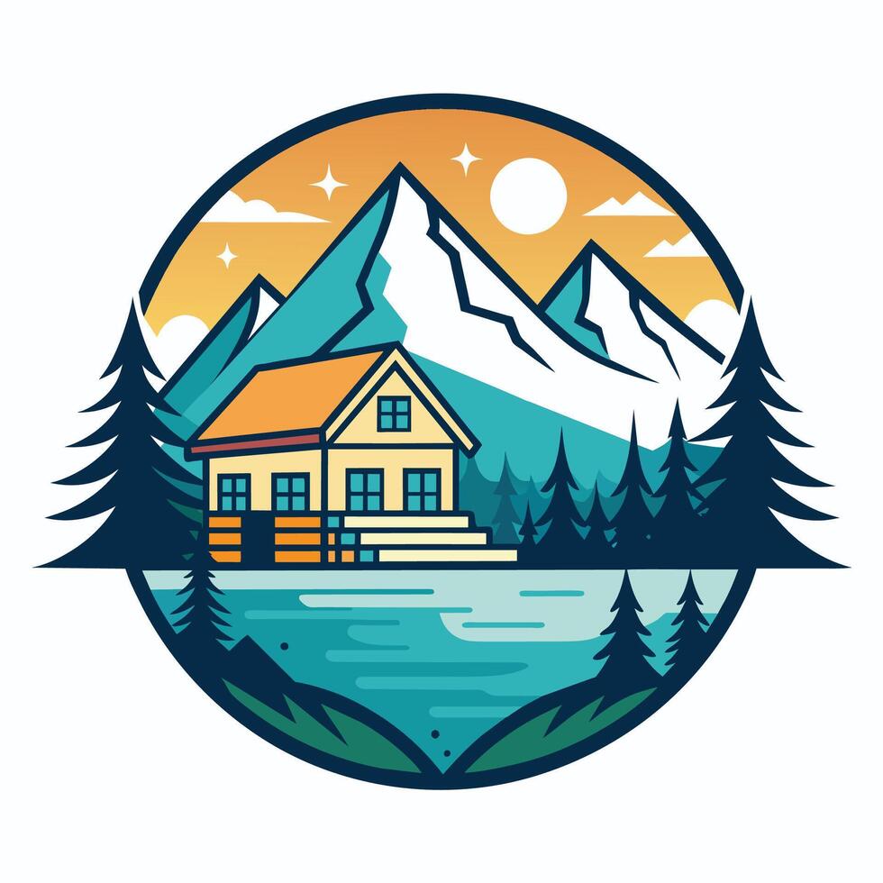 un casa soportes en frente de un imponente montaña en el fondo, diseño un minimalista logo para un orilla del lago recurso ese exuda tranquilidad vector