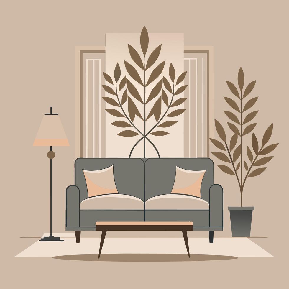 Elegant living room featuring a comfortable couch and a modern lamp, Elegant and serene living room design with neutral color palette vector