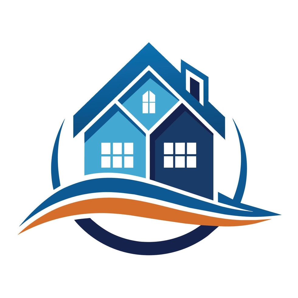 A blue house surrounded by an orange wave, standing out boldly against the background, house building logo design vector