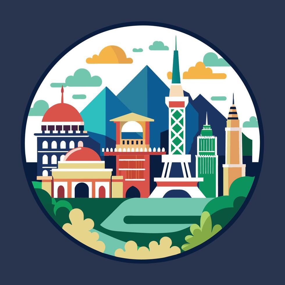 A cityscape framed within a circle, showcasing iconic landmarks from around the world, Iconic landmarks from around the world in a geometric style vector