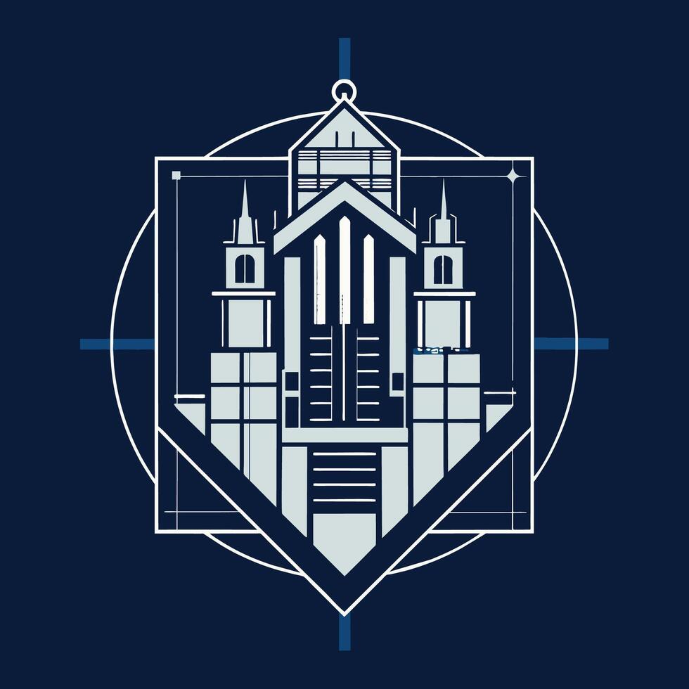 Blue and white building with visible blueprint on display, Incorporate a blueprint or building plan into a minimalist logo vector