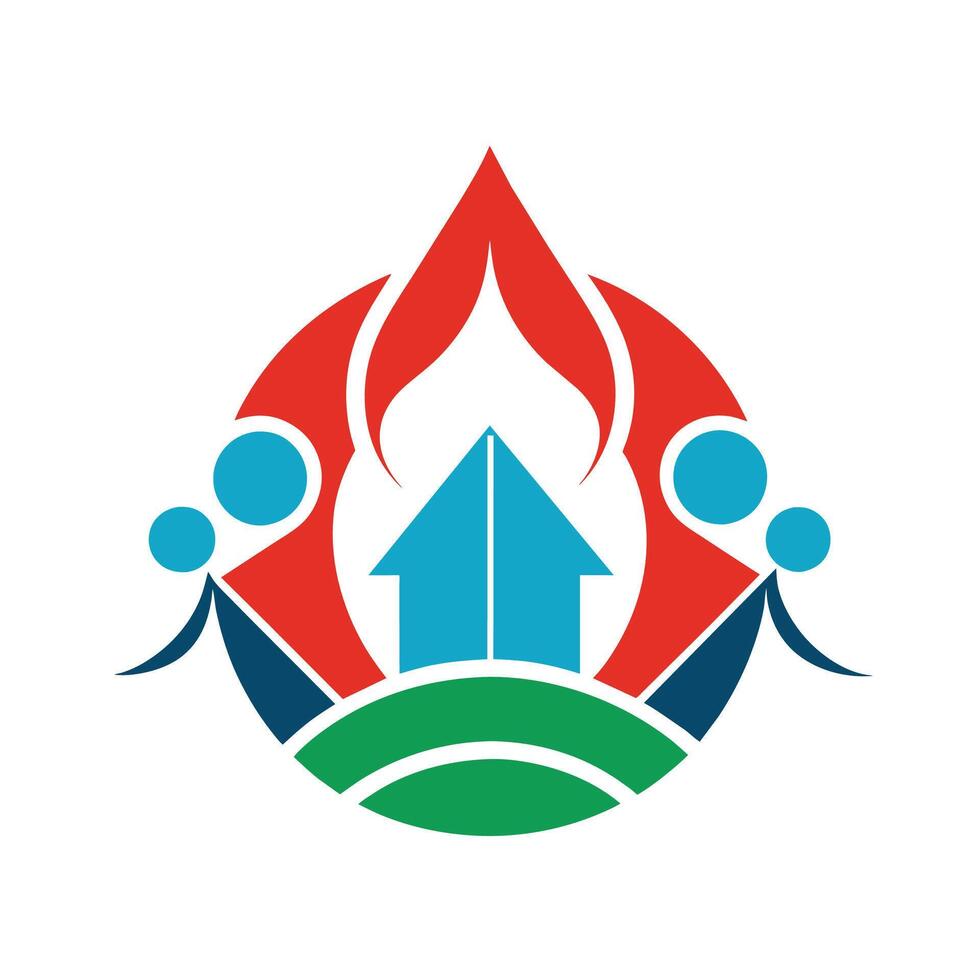 A group of individuals standing together around a fire, socializing and staying warm, Develop a sleek emblem for a charity providing aid to refugees and displaced populations vector