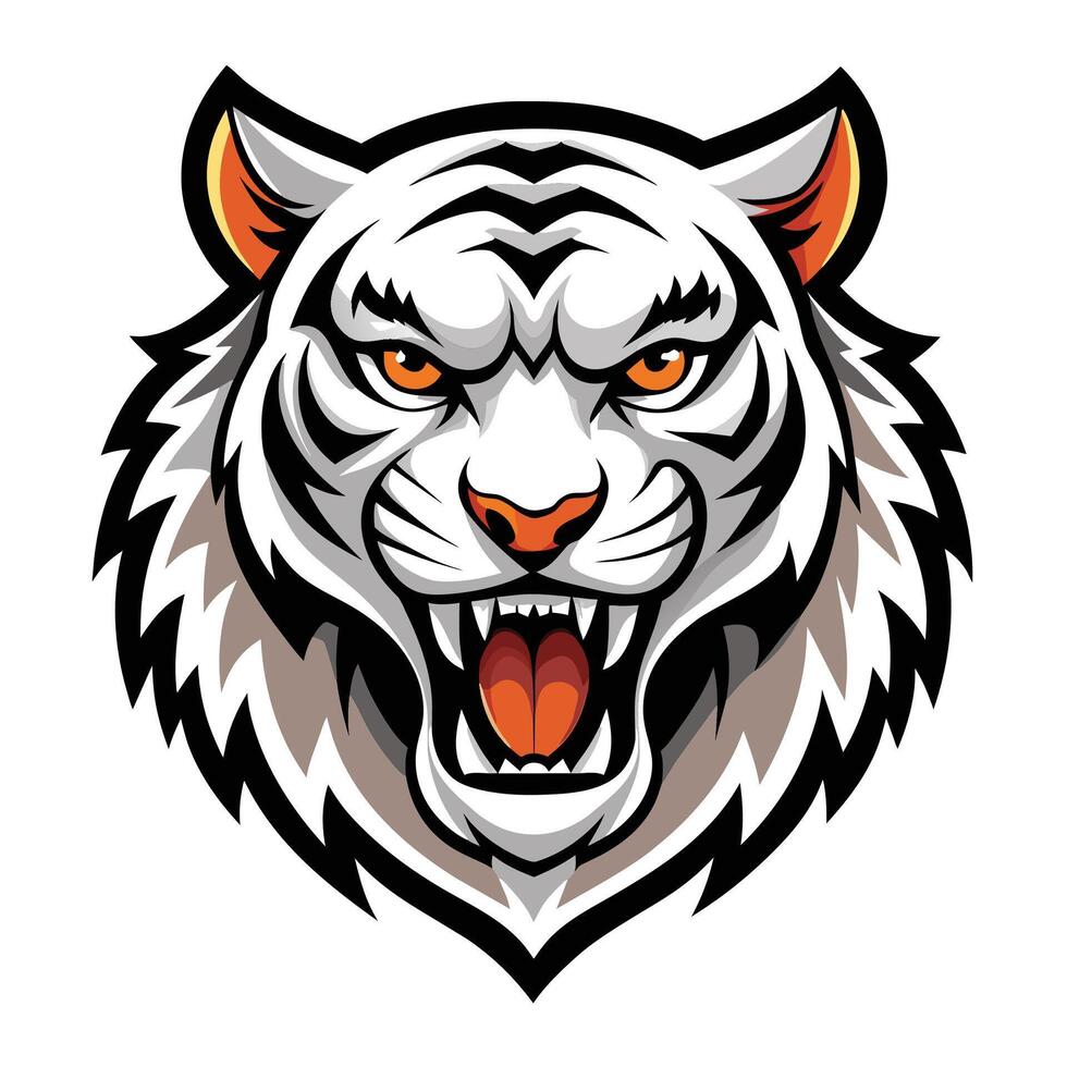un feroz blanco tigres cabeza con sorprendentes naranja ojos en enfocar, feroz blanco Tigre cabeza mascota, negrita ilustración vector