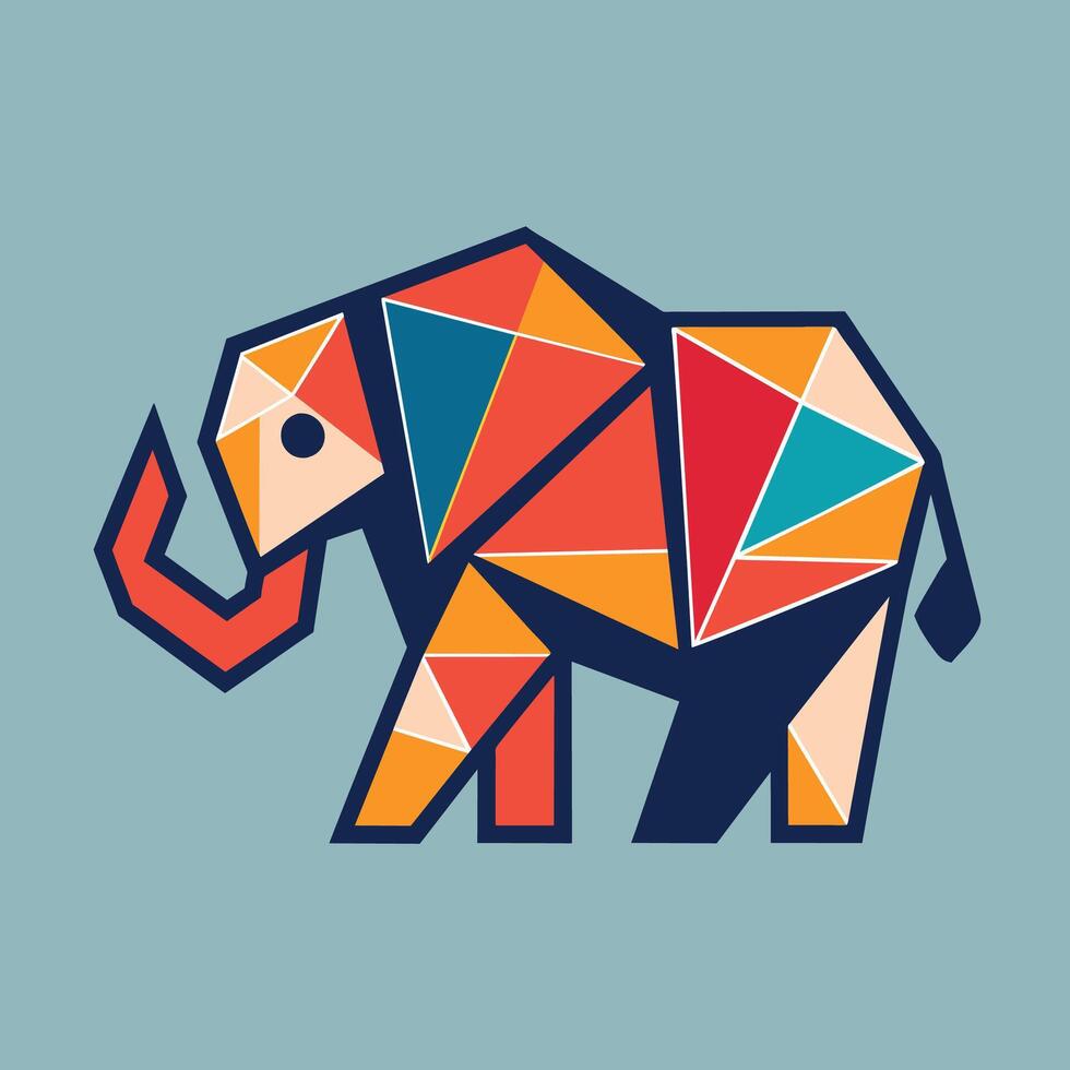 Elephant created with geometric shapes against a blue backdrop, Generate a minimalistic logo using only geometric shapes to represent an elephant vector