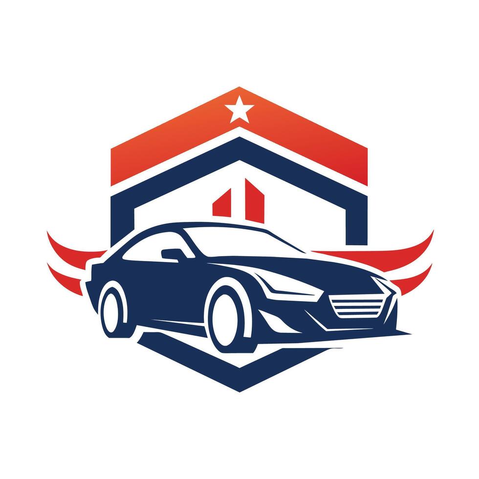 A car parked in front of a house with a clear blue sky in the background, Generate a clean and modern logo for an auto repair garage vector