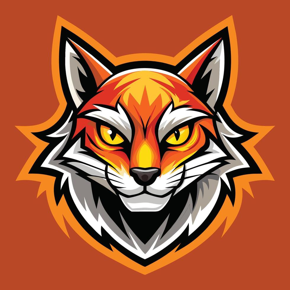 un dinámica rojo zorro cabeza con amarillo ojos en contra un naranja fondo, dinámica gato cabeza logo, linda naranja mascota vector