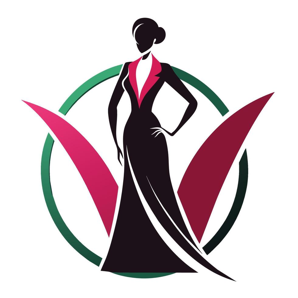 A woman wearing a black dress stands before a green and red circle in this sleek and sophisticated image, Sleek and sophisticated branding for a fashion show event vector