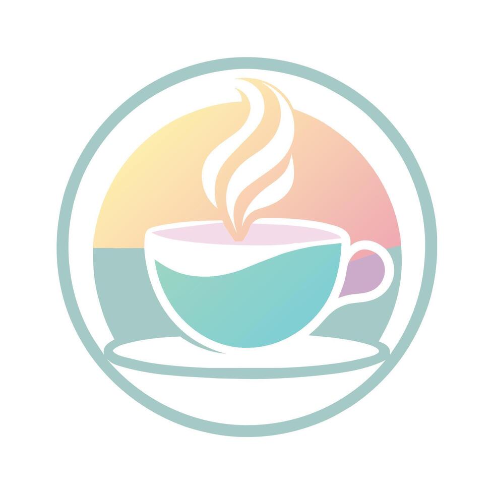un porcelana taza lleno con café descansando en un redondo platillo, jugar con pastel colores y suave gradientes para un calmante café logo vector
