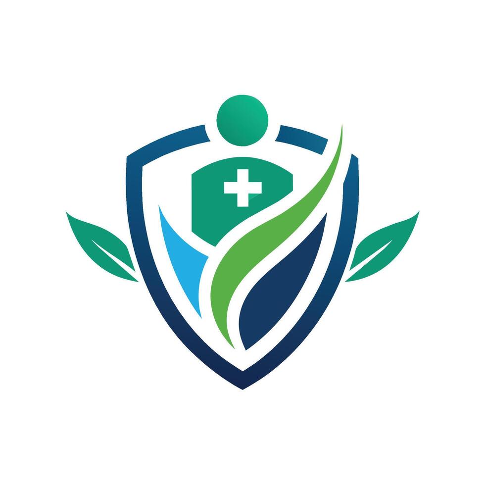 A green leaf and cross positioned on top of a shield, creating an emblem, Produce a clean and elegant logo for a health insurance company, emphasizing simplicity and clarity vector