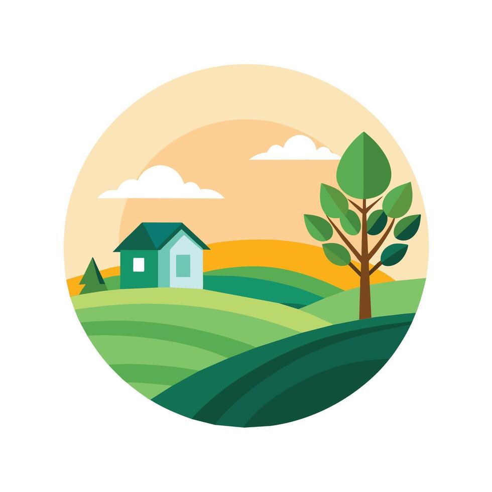 A green field with a house and a tree standing, Serene landscape with minimalist touches, such as a single tree or house vector