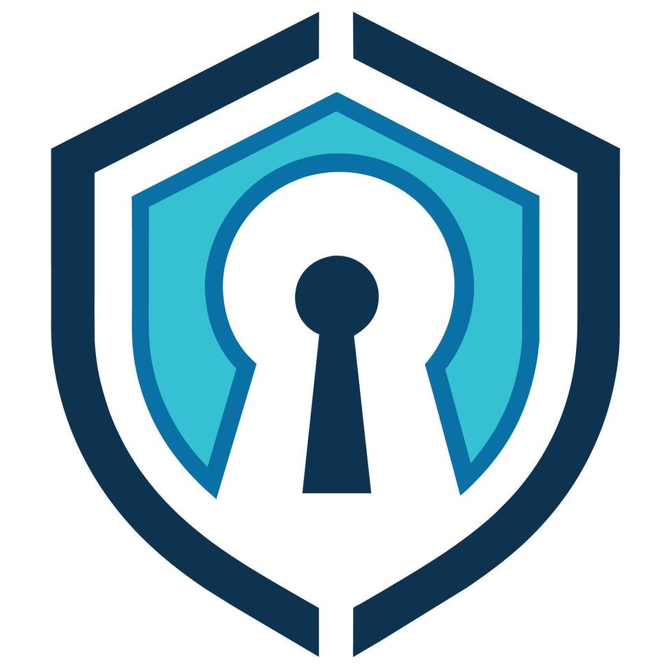 A blue shield with a key symbol inside, representing security and protection, Minimalist depiction of a keyhole or lock symbolizing privacy and protection vector