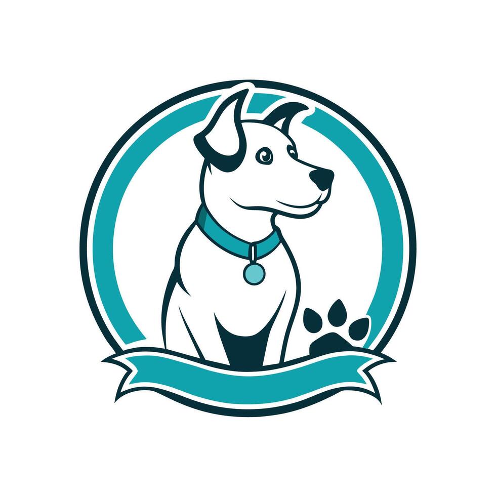 un perro vistiendo un azul cinta alrededor sus cuello, mascota cuidado logo diseño con perro línea estilo vector
