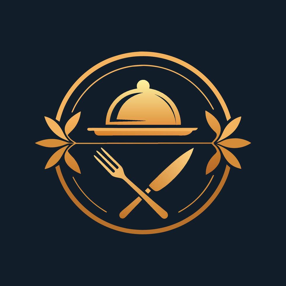 A golden plate adorned with a knife, fork, and clochet, creating a sleek and sophisticated table setting, Sleek and sophisticated branding for a high-end catering business vector