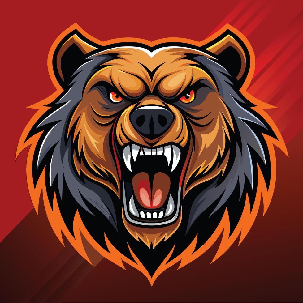 Illustration of an intense, angry bear head against a vibrant red background, Intense Angry Bear Head Logo, Striking Illustration vector