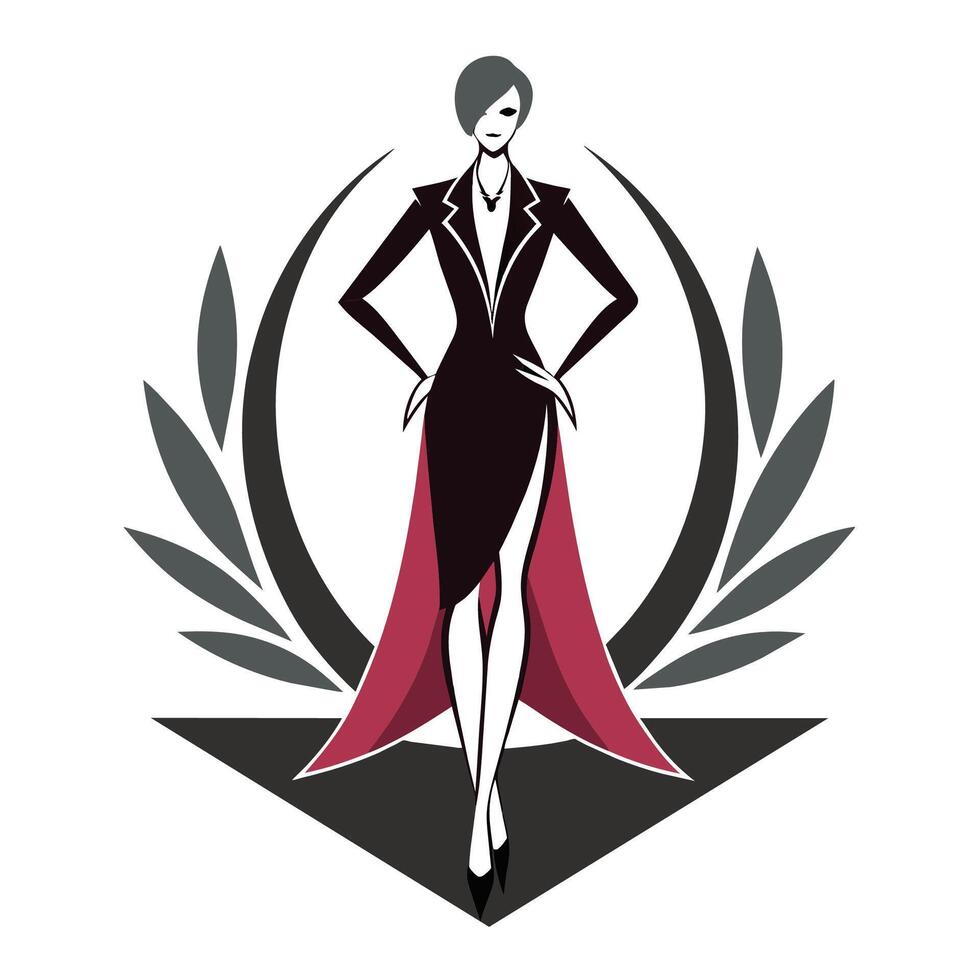 A woman wearing a black dress and a red cape, Sleek and sophisticated branding for a fashion show event vector