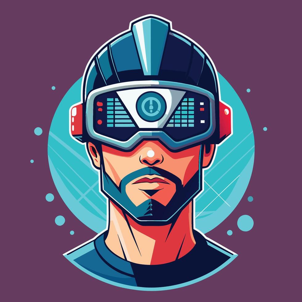 A man wears a helmet and goggles for protection and safety while engaging in an activity, man head with virtual reality helmet logo vector