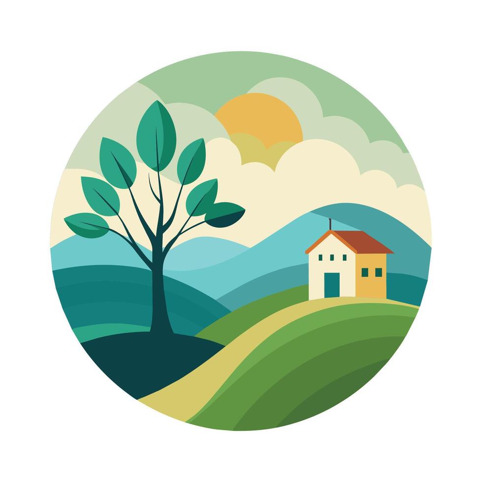 A house stands in a field with a tree in the center, under a clear sky, Serene landscape with minimalist touches, such as a single tree or house vector