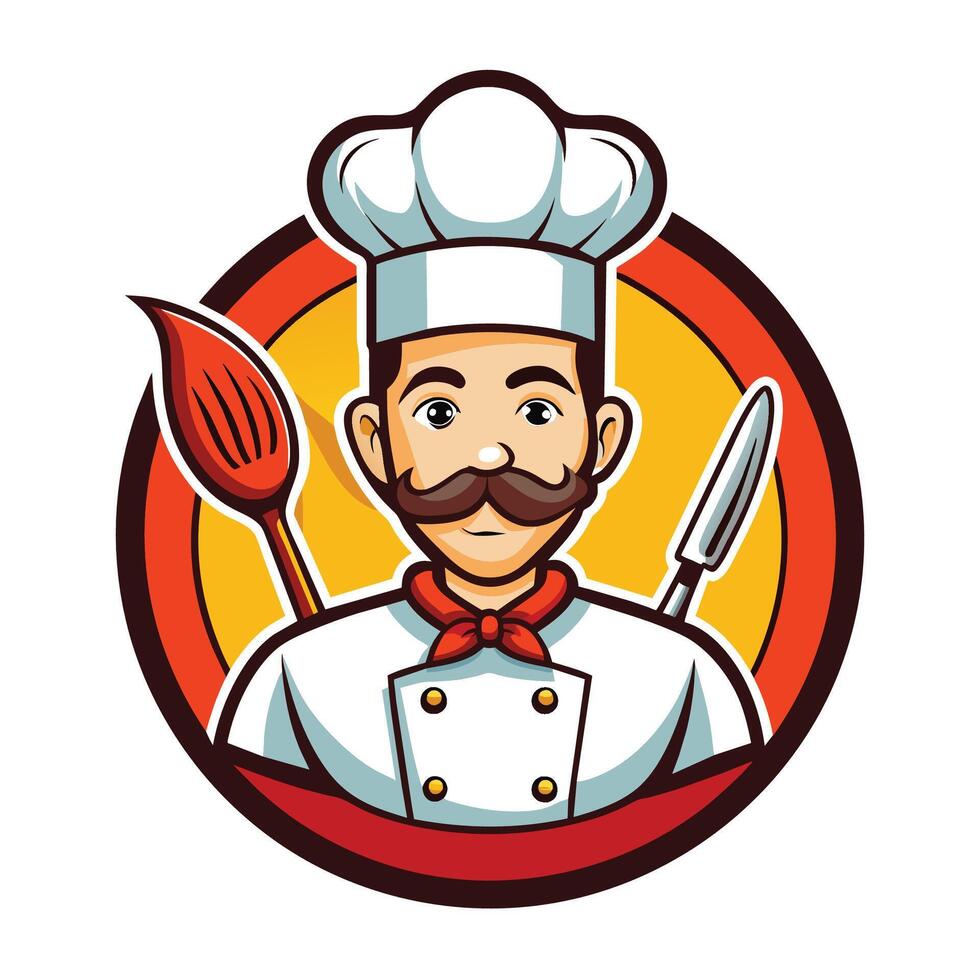 un cocinero con un Bigote participación un espátula en su mano, cocina cocinero logo diseño vector