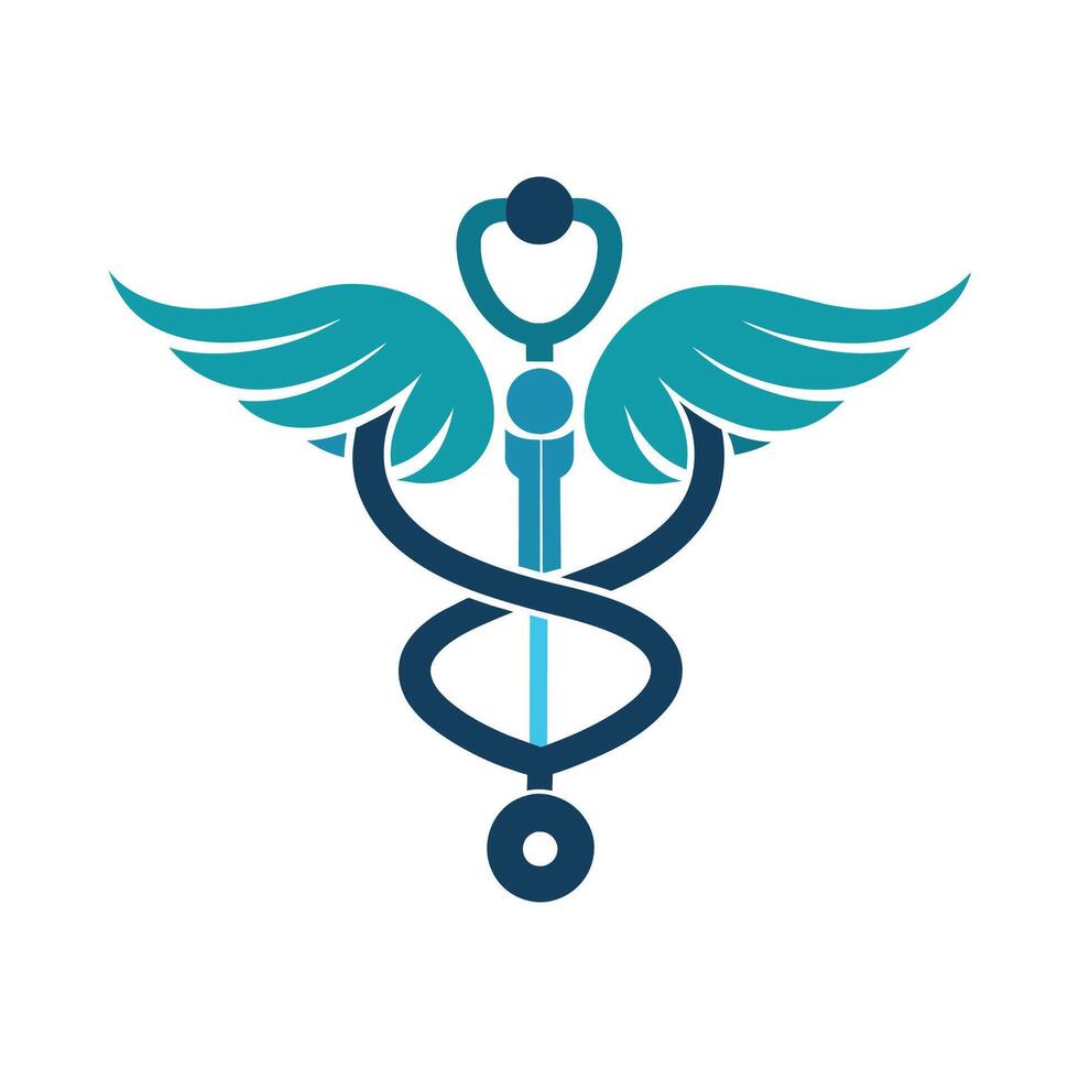 A medical symbol featuring wings and a staff, symbolic of healing and healthcare, Minimalist design of a stethoscope intertwined with a caduceus symbol vector