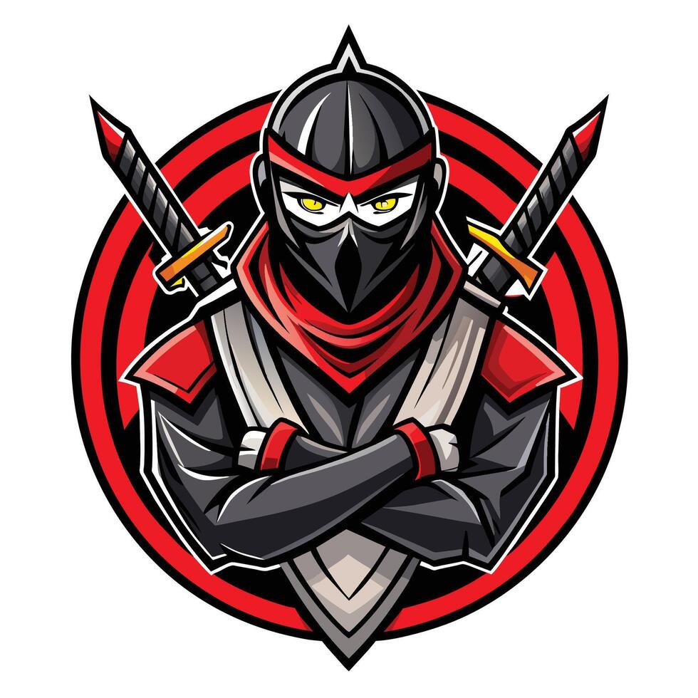 un ninja sostiene dos espadas en su manos, Listo para batalla, ninja asesino logo vector