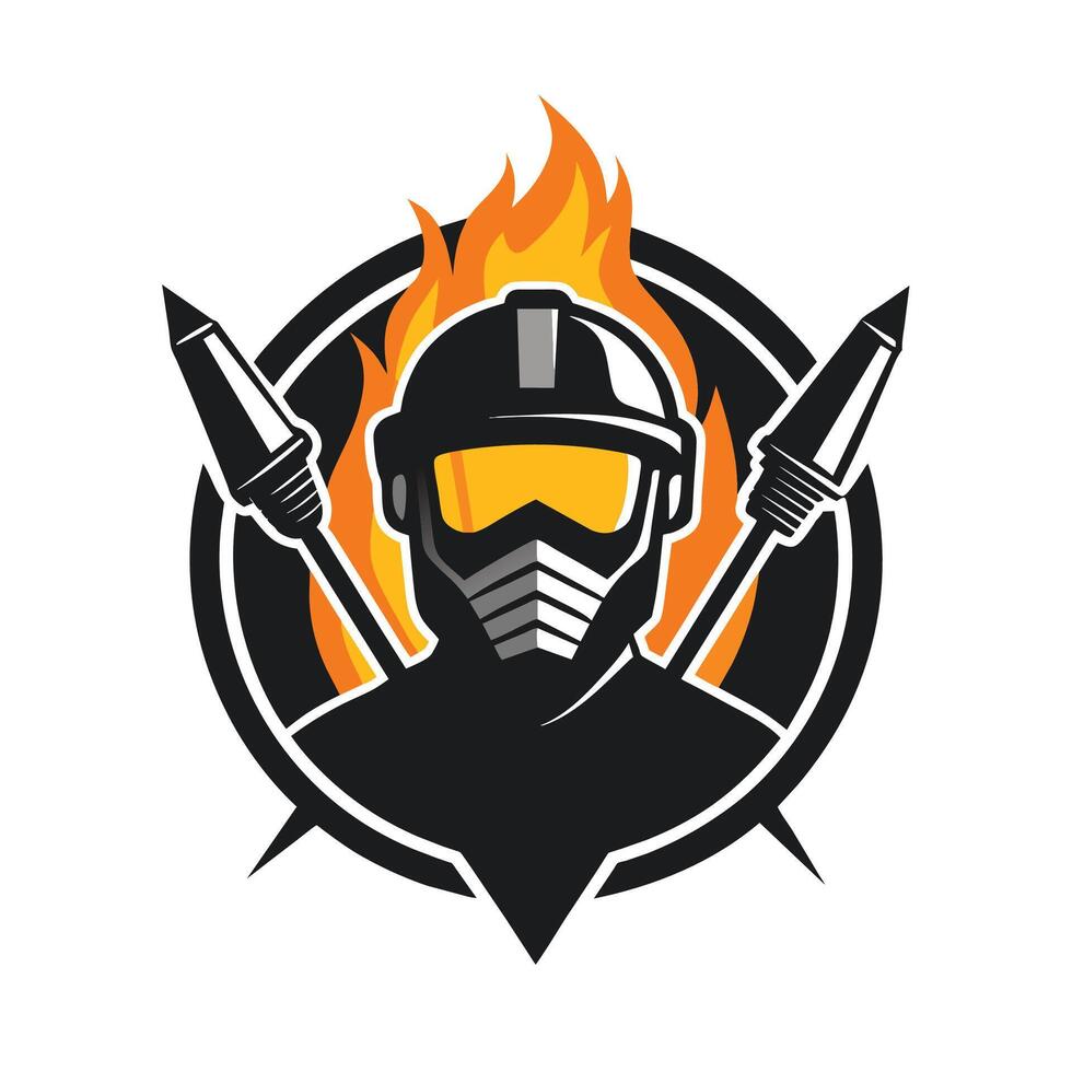 A man wearing a helmet standing with a flame behind him, Simplified outline of a welding torch and protective mask vector