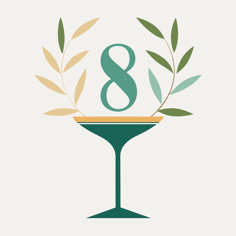 un pulcro vino vaso presentando el número 8, diseñado como un moderno mesa número, pulcro y moderno mesa número diseño para un minimalista Boda decoración vector