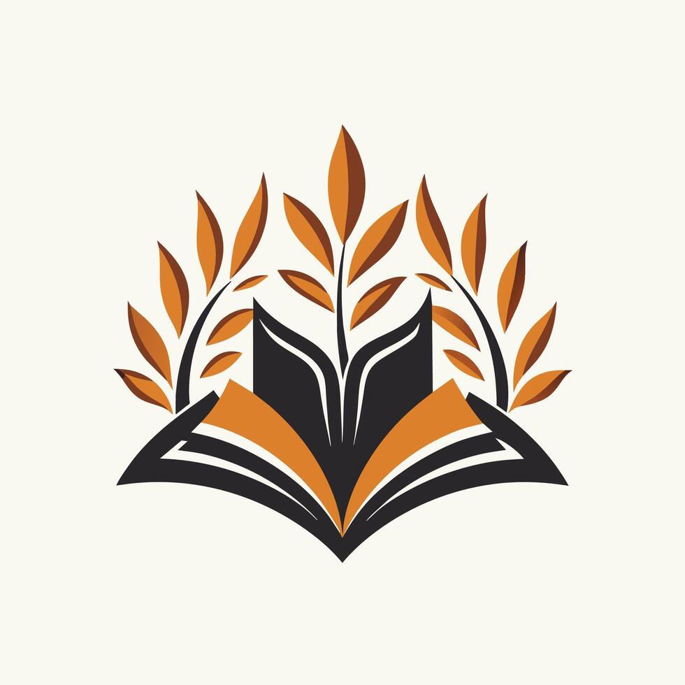 An open book overlaid with leaves on top, showcasing a blend of literature and nature, Produce a simple and elegant design for a publishing house vector