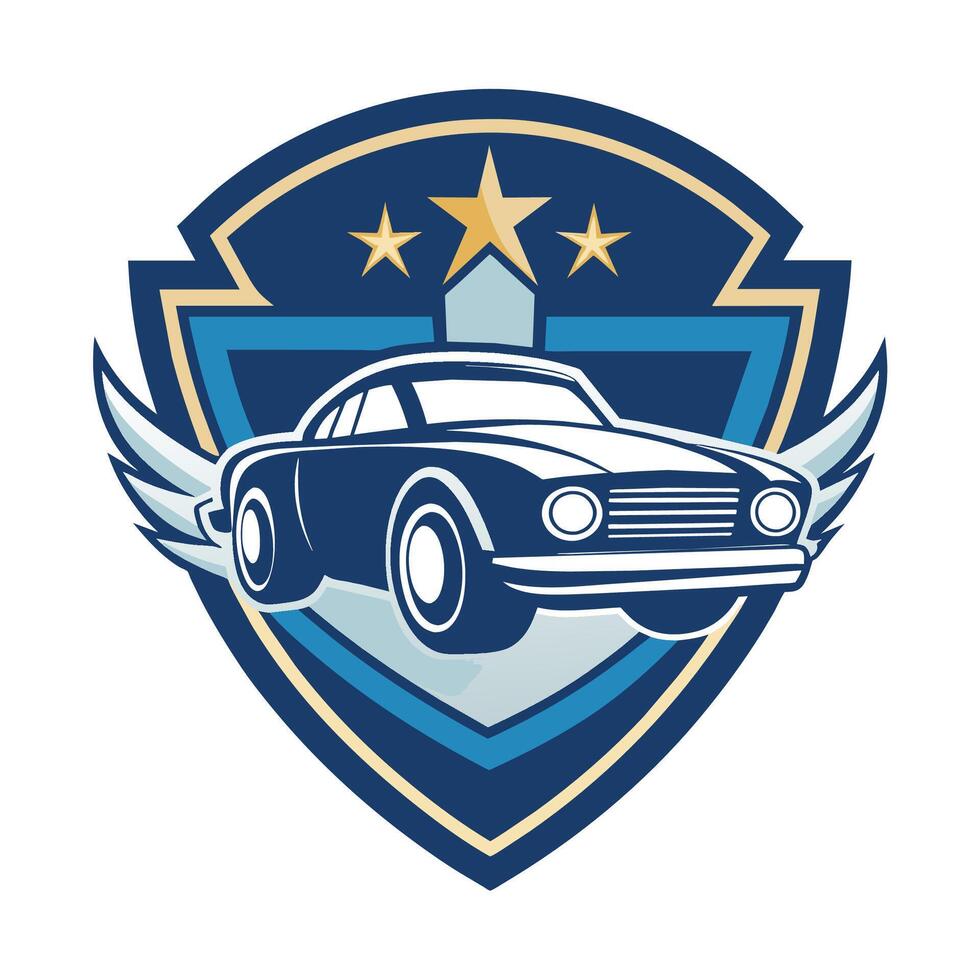 A car with wings flying in front of a starry background, Produce a clean and modern logo that symbolizes the power and strength of a classic car vector