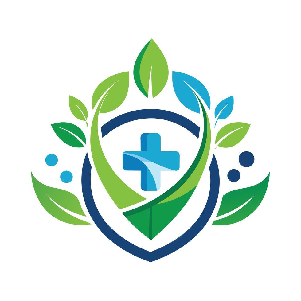 Blue cross intersecting with green leaves against a white backdrop, medical tech logo designs template, healthcare logo designs vector