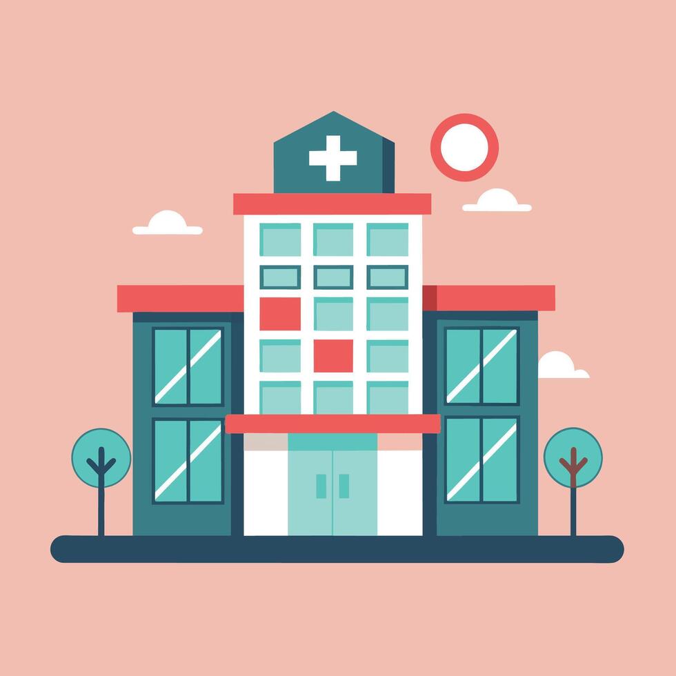 A modern hospital building with a prominent cross on its roof, standing tall in the city skyline, Stylish graphic of a hospital building with subtle medical symbols vector