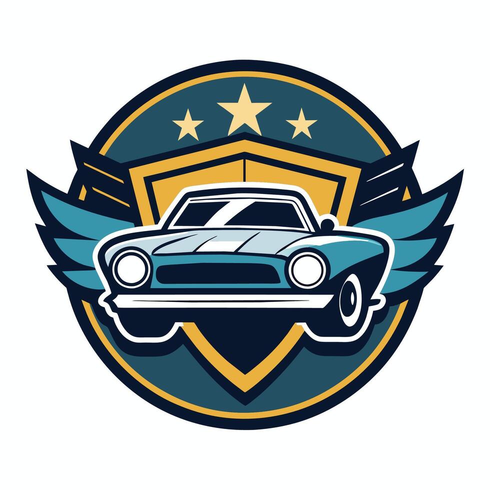 A car with wings in front of a starry sky, Produce a clean and modern logo that symbolizes the power and strength of a classic car vector