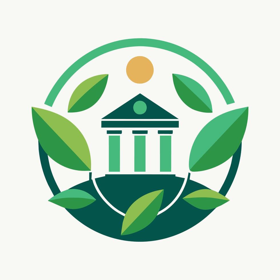 A green leaf with a house on top, showcasing a minimalist logo design, Sunburst design with clean lines and minimal color palette vector