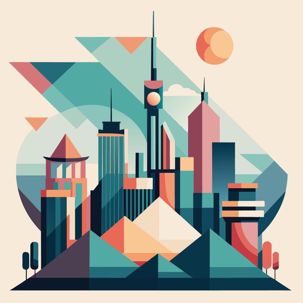 Urban cityscape featuring a prominent clock tower amidst buildings and roads, Abstract interpretation of a city skyline with geometric shapes vector