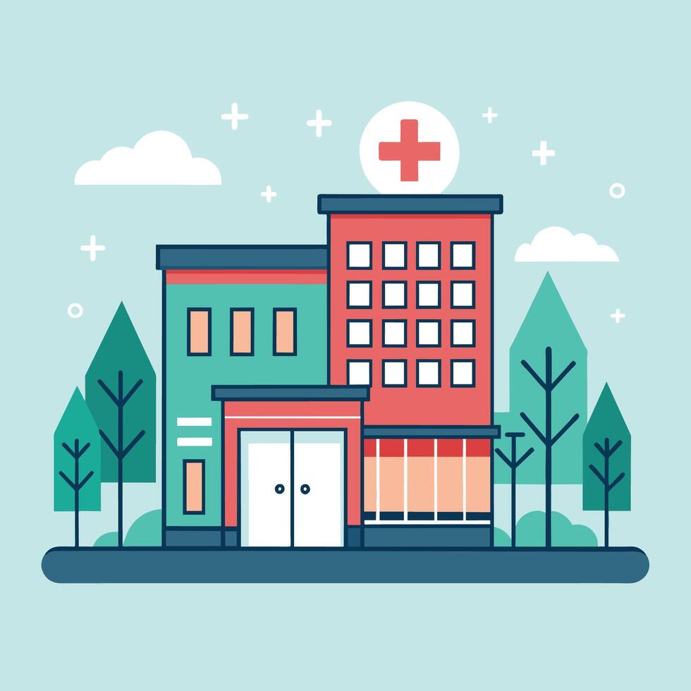 Hospital building with prominent red cross symbol on the roof, Stylish graphic of a hospital building with subtle medical symbols vector