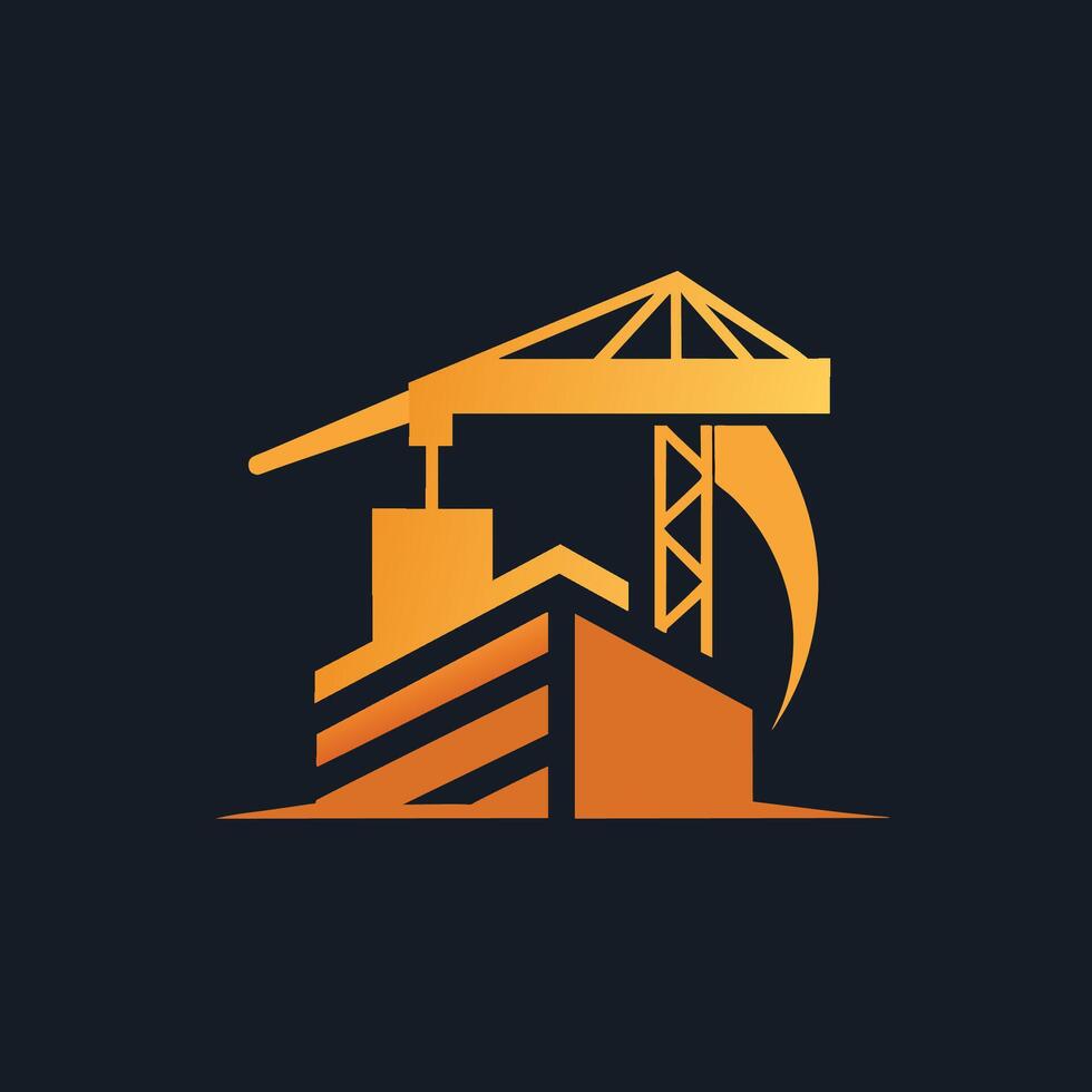 A crane positioned atop a tall building under construction, Use negative space to depict a crane or other construction equipment in a logo design vector