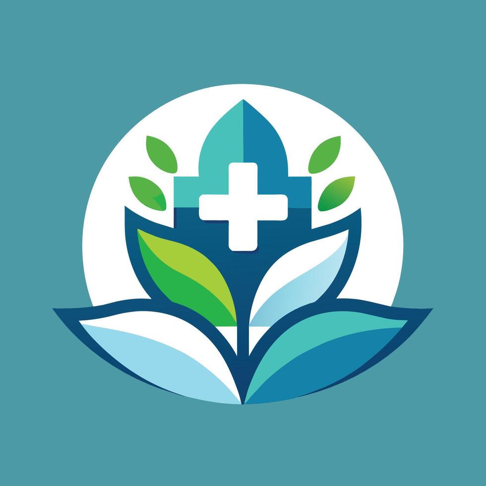 Clean and minimalist blue and green logo design with a prominent cross symbol, A clean and minimalist design for a hospital logo with a focus on wellness vector