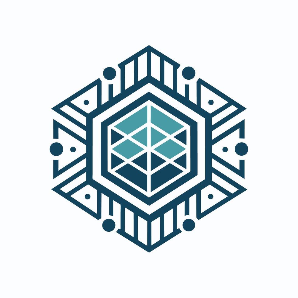 un hexagonal logo presentando interconectado puntos y líneas en un en forma de cuadrícula modelo recordativo de un circuito diagrama, un en forma de cuadrícula modelo recordativo de un circuito diagrama o computadora chip vector