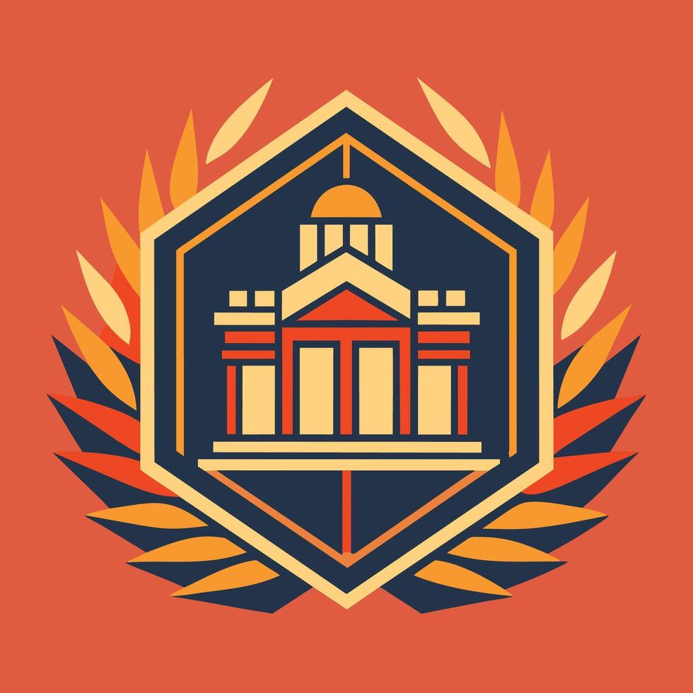 A building with a clock tower is surrounded by flames, engulfing the structure in a fiery inferno, A clean, geometric logo representing a prestigious university vector