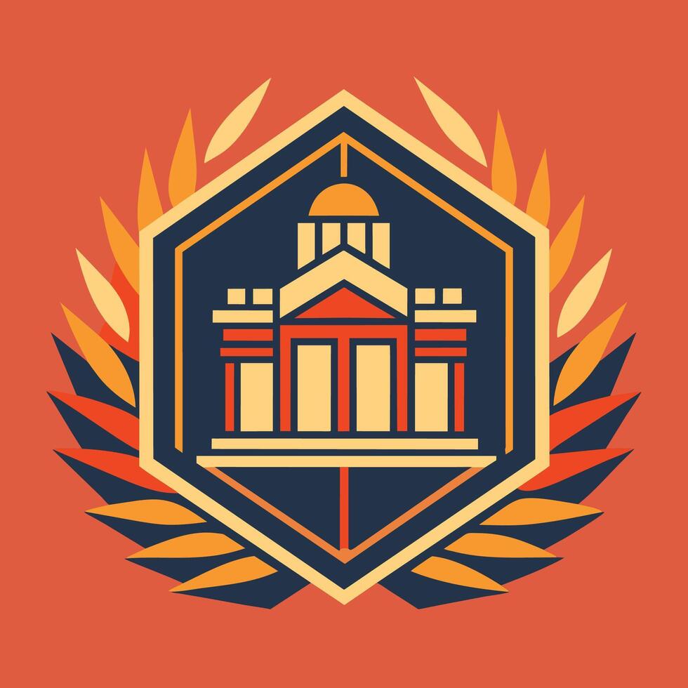 A building with a clock tower is surrounded by flames, engulfing the structure in a fiery inferno, A clean, geometric logo representing a prestigious university vector