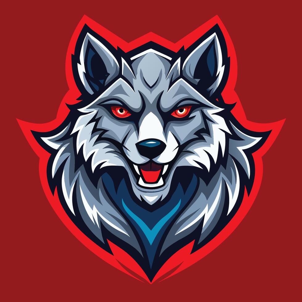 A close-up view of a gray wolfs head with striking red eyes staring intensely, wolves mascot esport logo character design vector