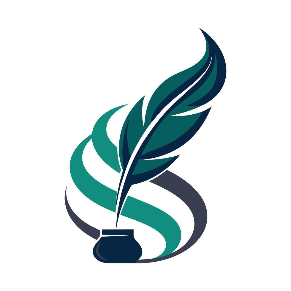 Stylized black vase holding a green and black feather on a white background, A graphic design featuring a stylized scroll and quill pen, symbolizing learning and knowledge vector