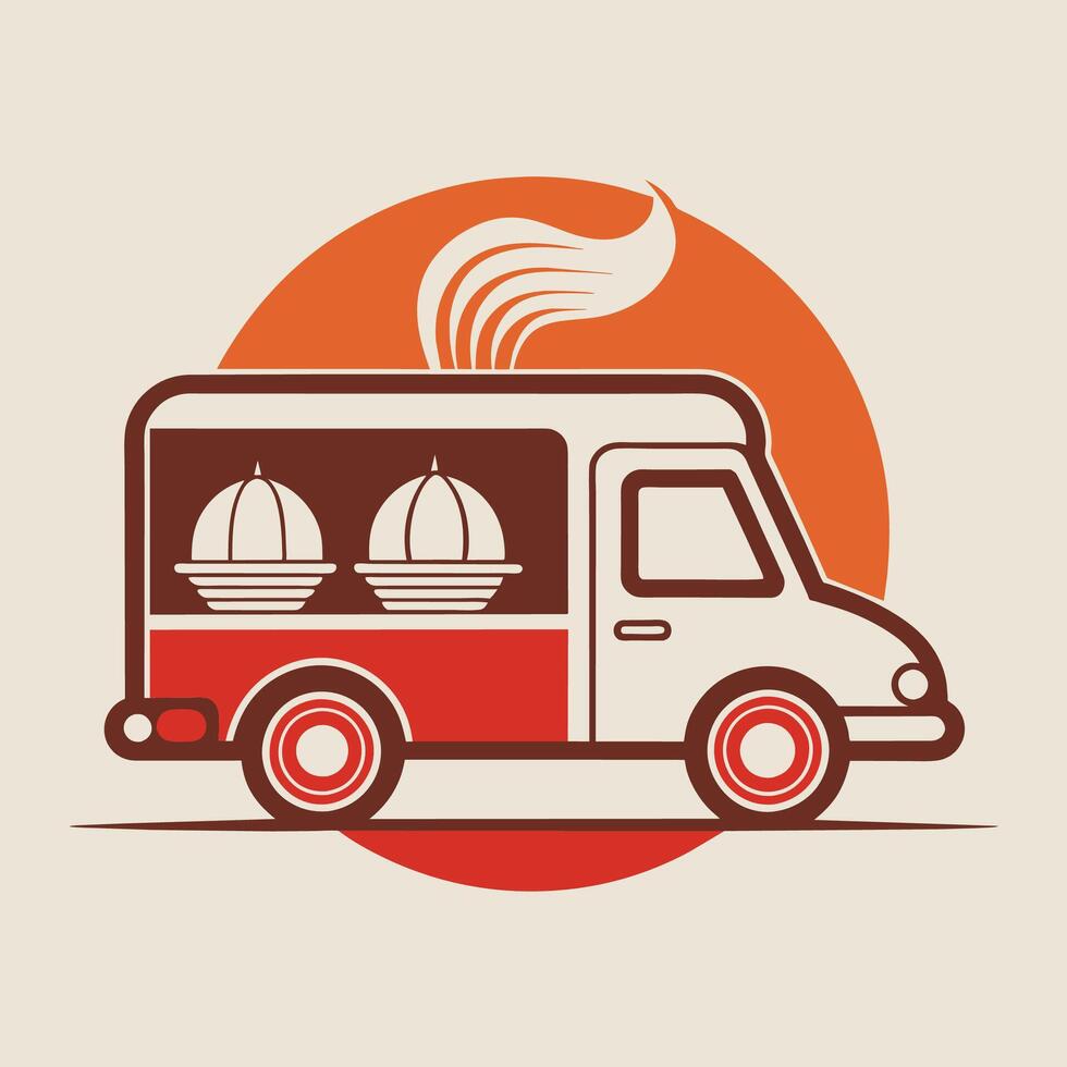 A food truck parked with a hot dog on top, ready to serve customers, A minimalist logo featuring a stylized factory silhouette vector