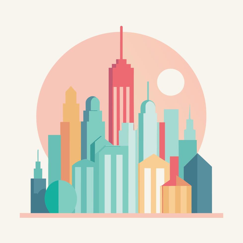 City skyline featuring multiple buildings with the sun in the background, creating a striking contrast, Abstract city skyline in pastel colors, minimalist simple modern logo design vector