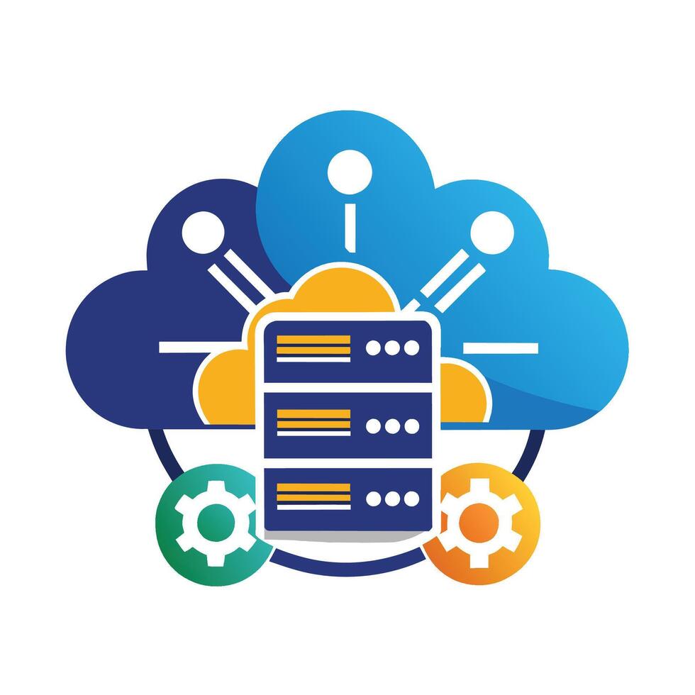 A server positioned on top of a cloud in a symbolic representation of cloud hosting services, Abstract representation of a cloud computing system, minimalist simple modern logo design vector