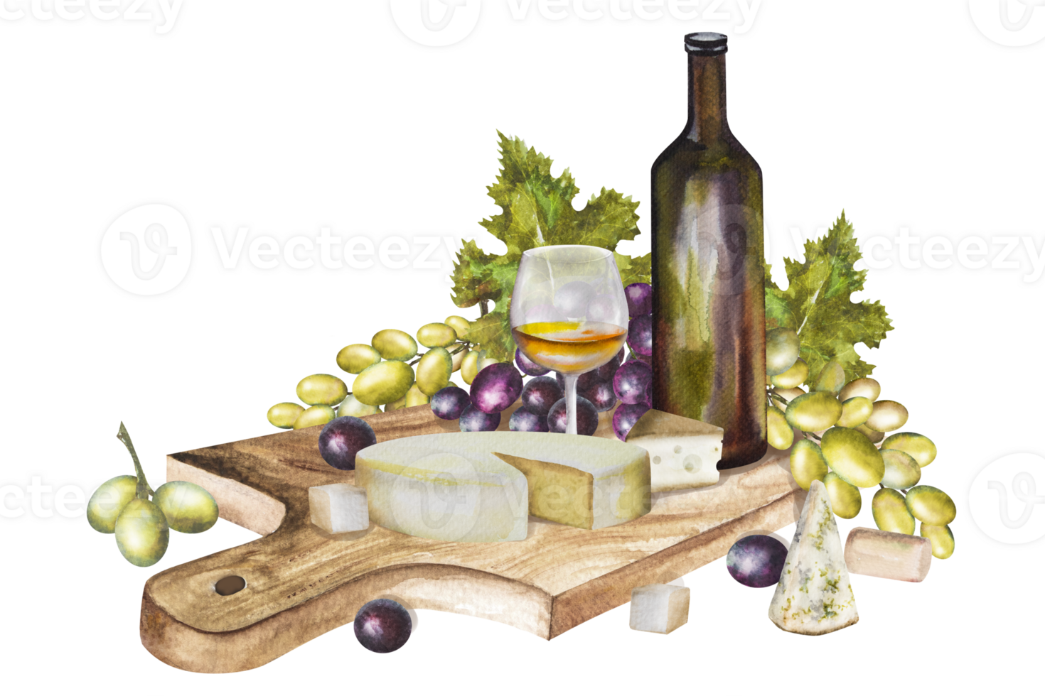 Watercolor illustration, wine composition with a bottle of wine, different types of cheese and grapes. Wine set for various designs. png