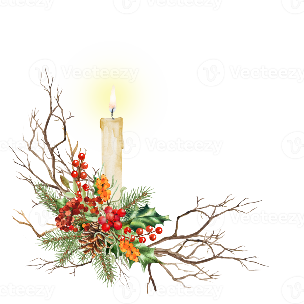 aquarelle illustration de une Nouveau années composition avec bougies et sapin branches, houx, sorbier des oiseleurs. main tiré pour décorer cartes, cadres, publicité, avis, etc. png