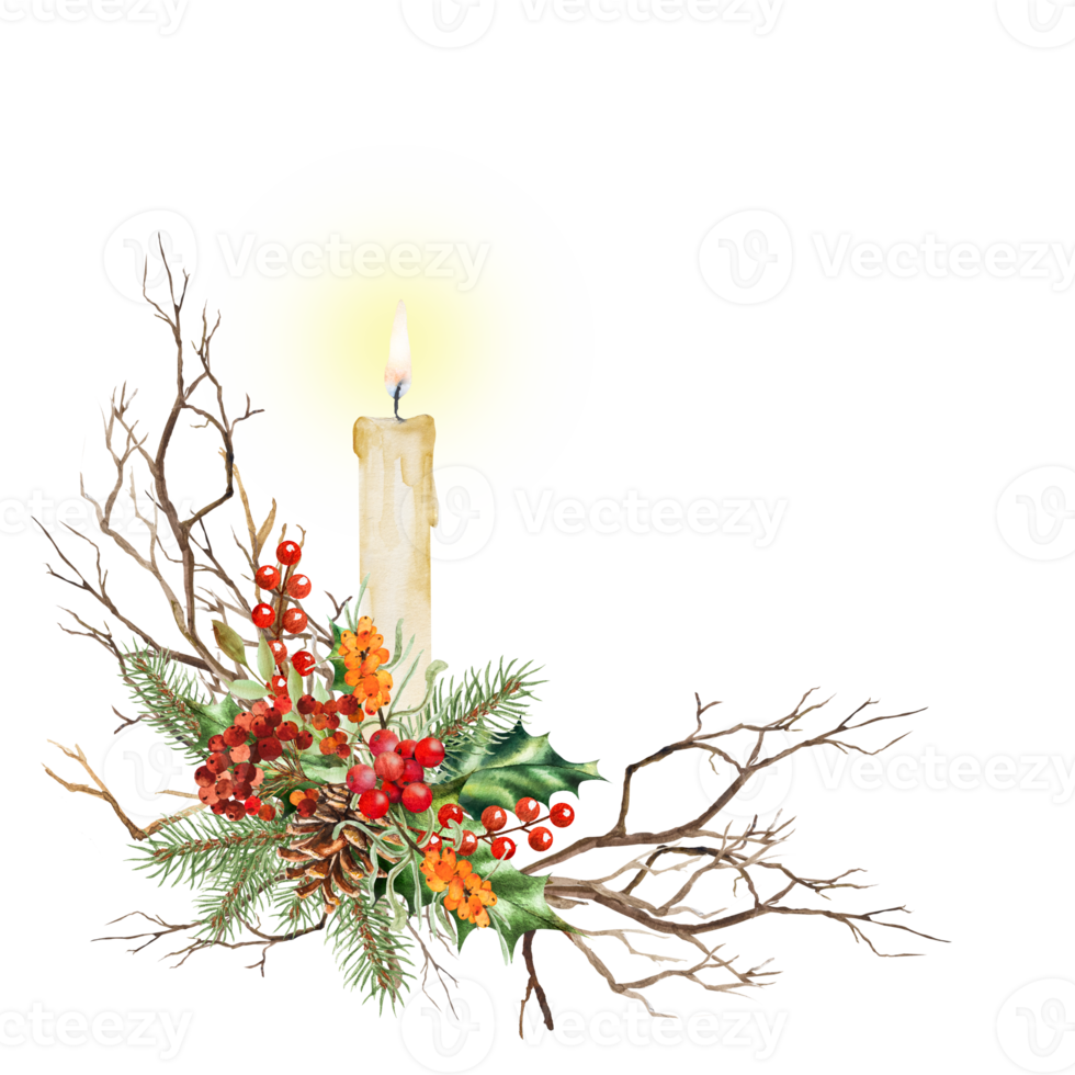 Watercolor illustration of a New Year's composition with candles and fir branches, holly, rowan. Hand drawn for decorating cards, frames, advertising, notices, etc. png