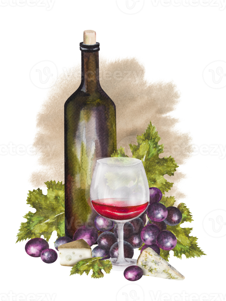 Aquarell Illustration, Wein Komposition mit ein Flasche von Wein, anders Typen von Käse und Trauben. Wein einstellen zum verschiedene Entwürfe. png